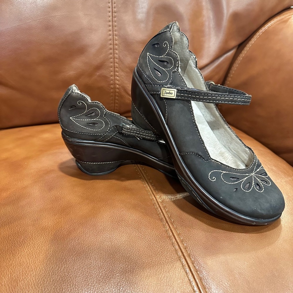 Jambu Bombay Wedge Mary Jane Women Brown Leather Floral Embroidered Boho 8M